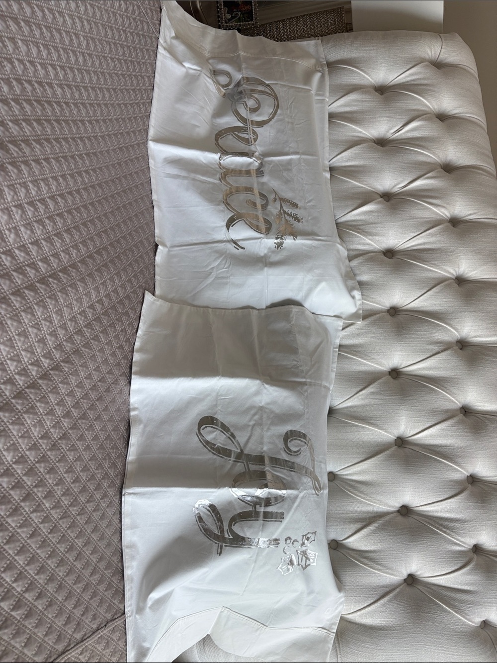 NEW—World Market Set of 2 Standard/Queen White Pillowcases with “Peace”& “Joy” - Picture 4 of 6
